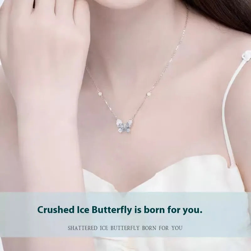 Bingyu Butterfly women's necklace in S925 silver with ice rain pendant on adjustable O-ring chain