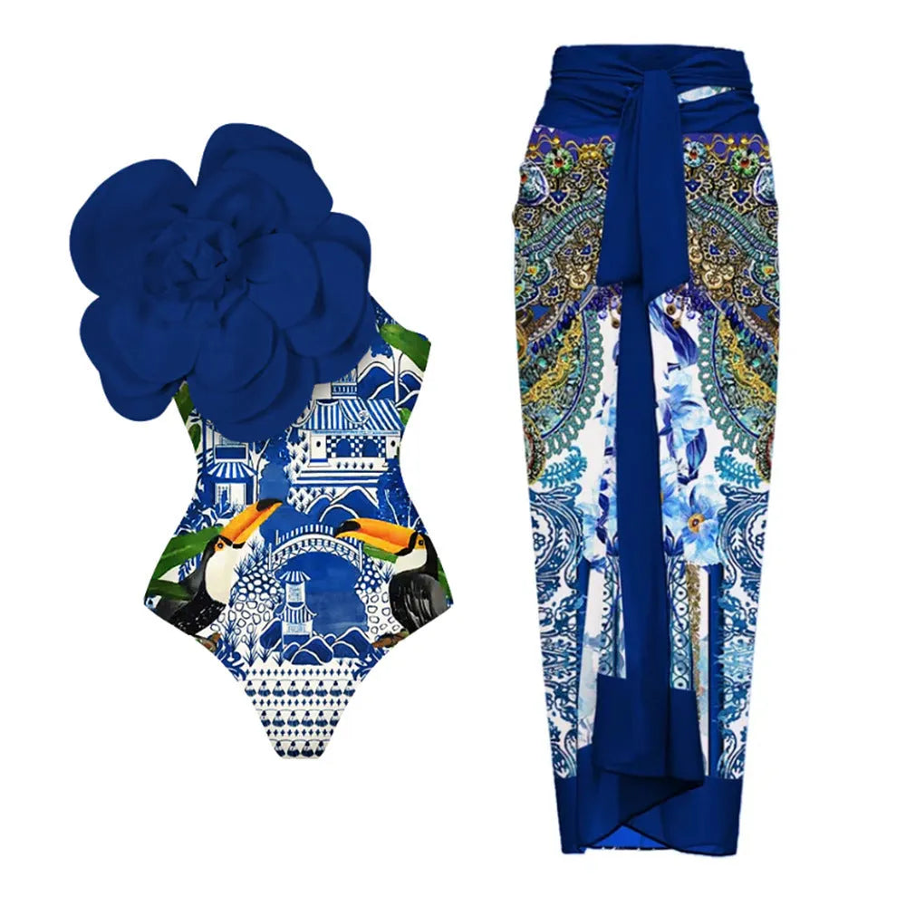 Women's one-piece swimsuit with three-dimensional floral pattern in black and blue colour options.