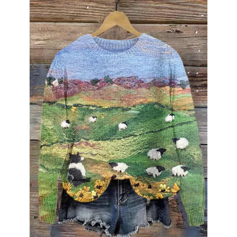 Women's round neck sweater with a small digital floral print in a solid colour.