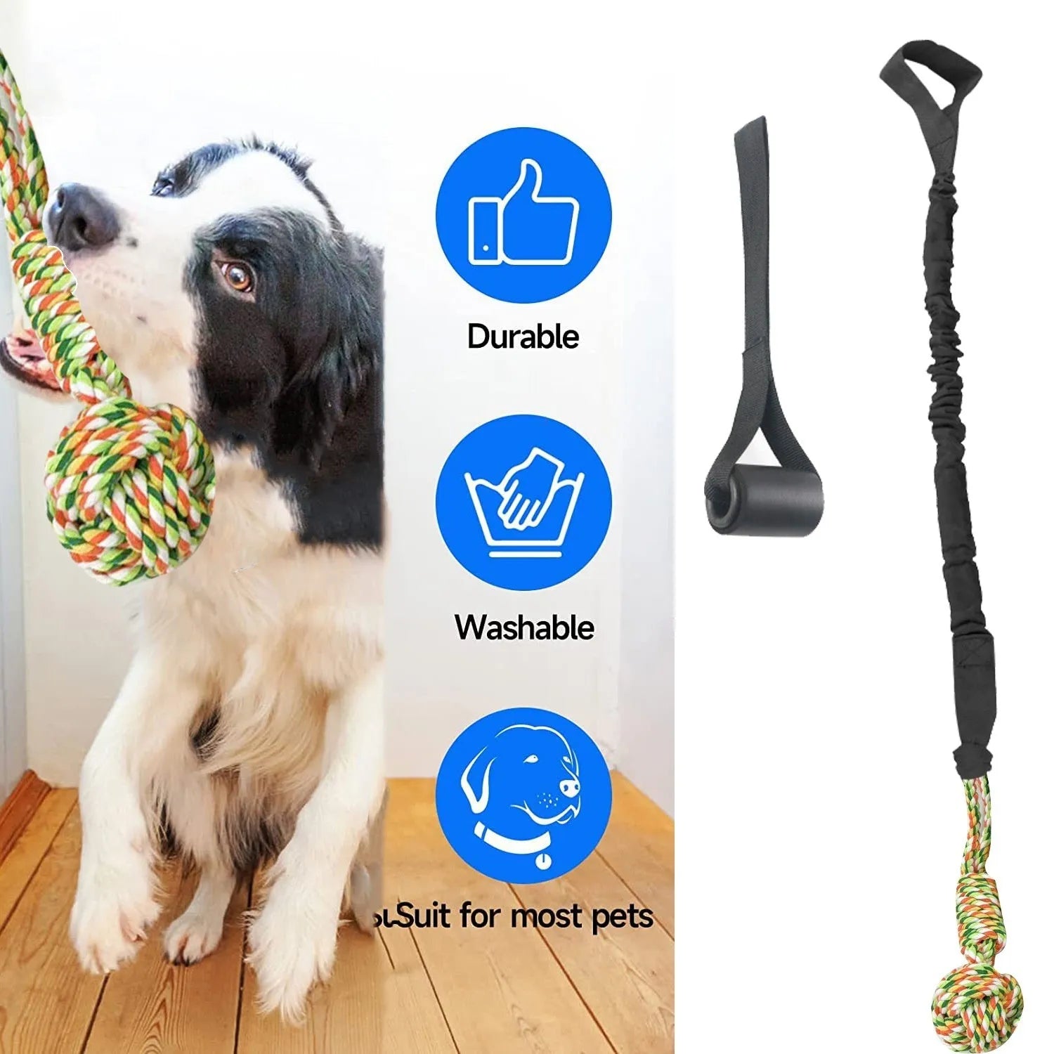 Cotton rope dog tug toy with knotted ends in black, grey or red colours