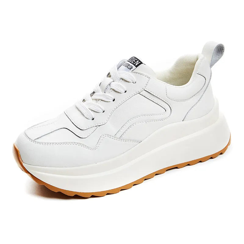 Beige cowhide leather women's casual sports shoes with low-top design, round toe, English muffin heel and cross-strap