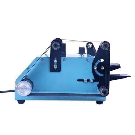Blue desktop dual-axis belt sander for sharpening knives and sanding, showing the motor, belt, and variable speed switch.