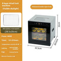 Stainless steel fruit dehydrator with multiple trays and an LED control panel.