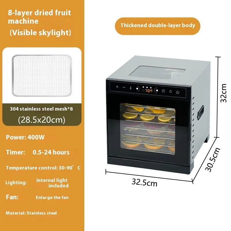 Stainless steel fruit dehydrator with multiple trays and an LED control panel.