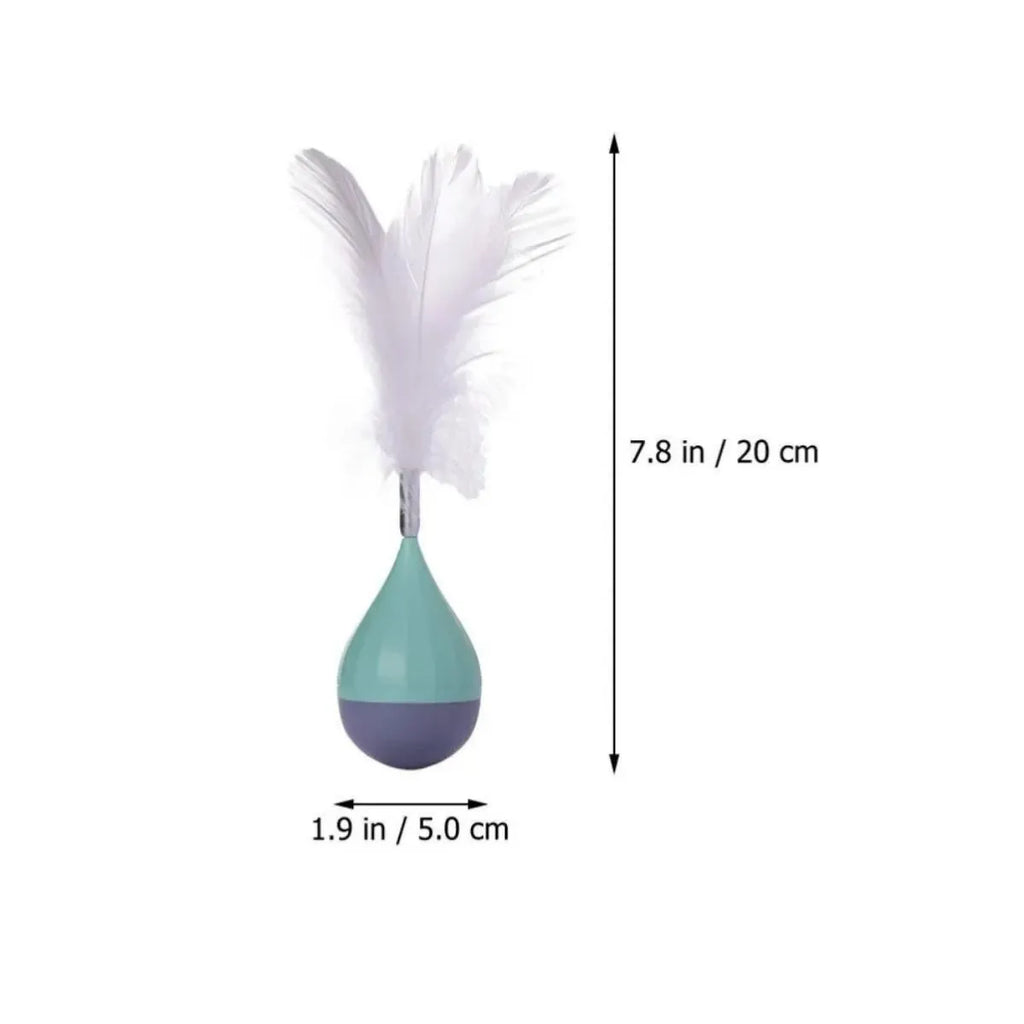 Green and pink feather tumbler cat toy with tease ball on stick