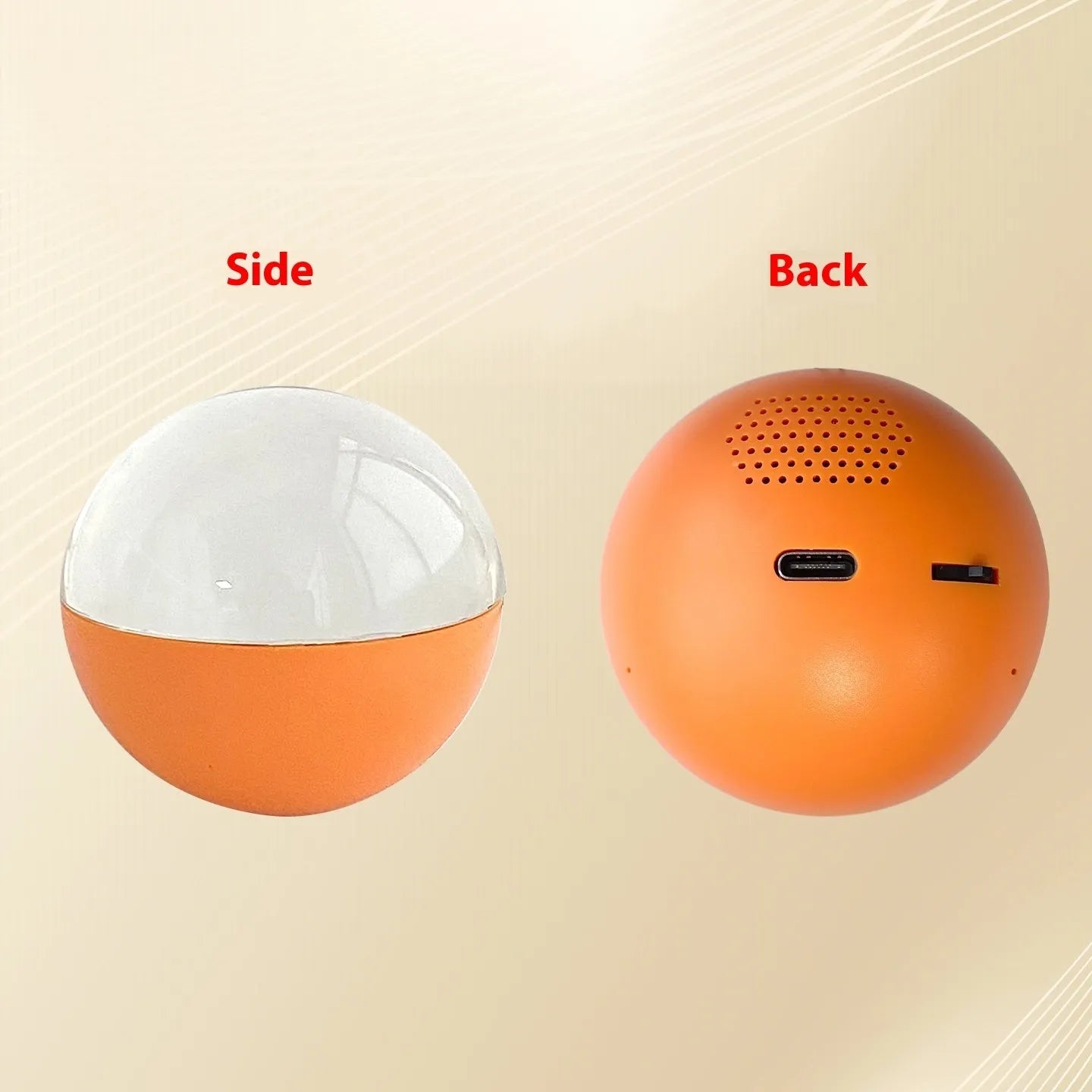 Electronic ball video player with round screen in multiple colour options showing Type-C charging port