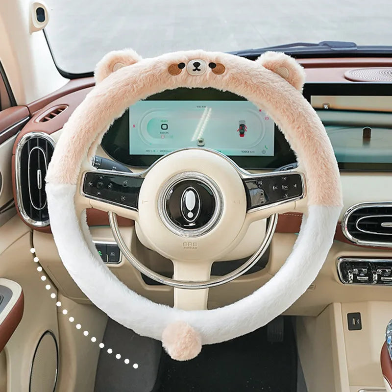 38cm plush steering wheel cover with cartoon embroidery designs including bear, bunny, cat and panda options