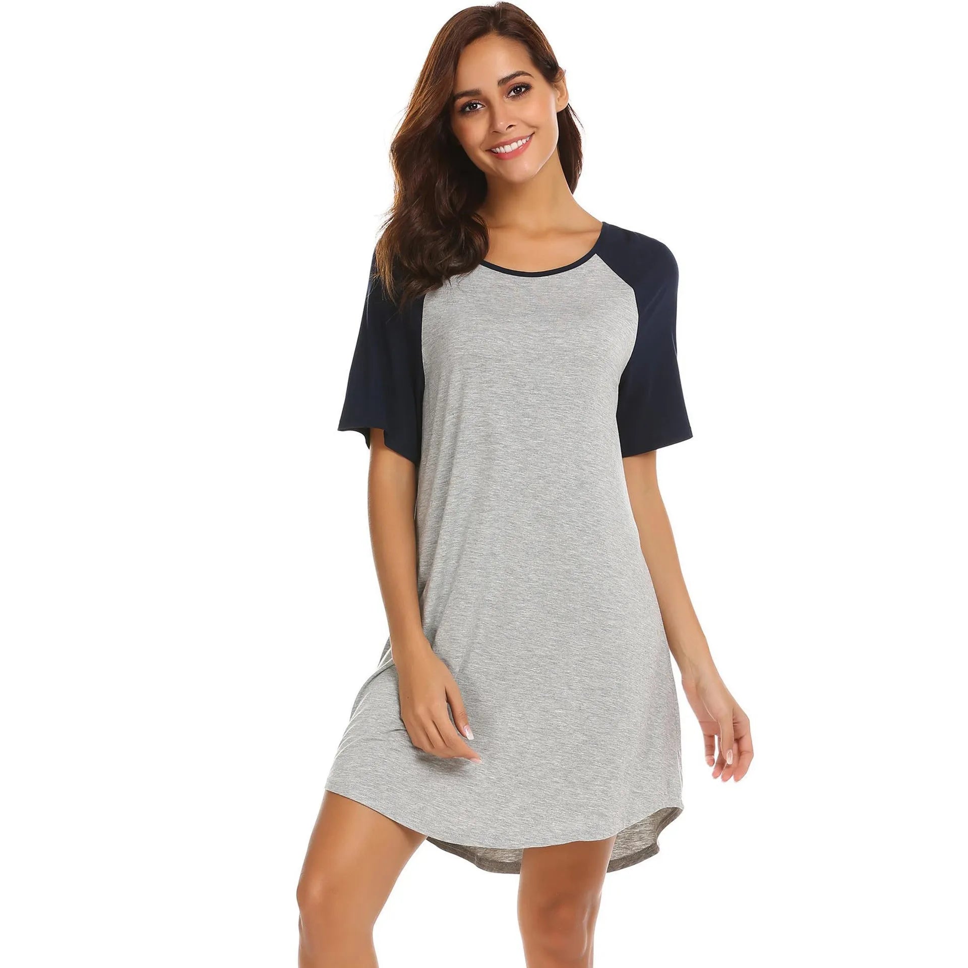 Women's double brushed nightdress with colour contrast patchwork design in ash and grey colour options