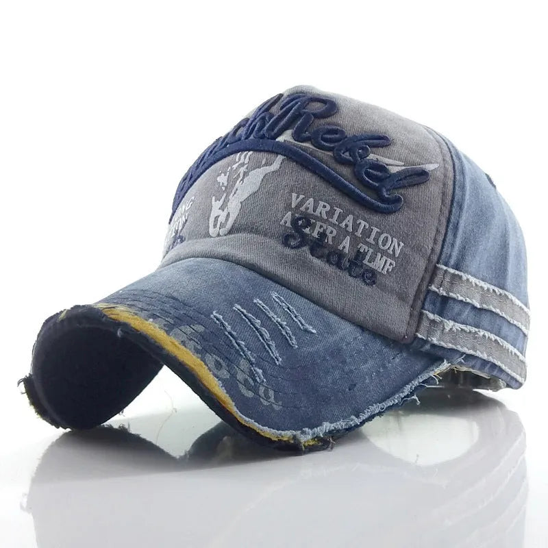 Retro denim baseball cap for men and women, adjustable wide brim, available in black