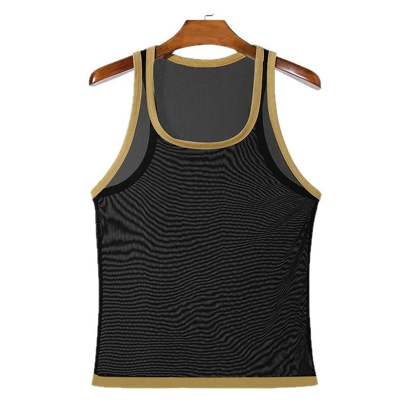 Men's tight mesh fitness vest in solid white or black colour with straight hem design