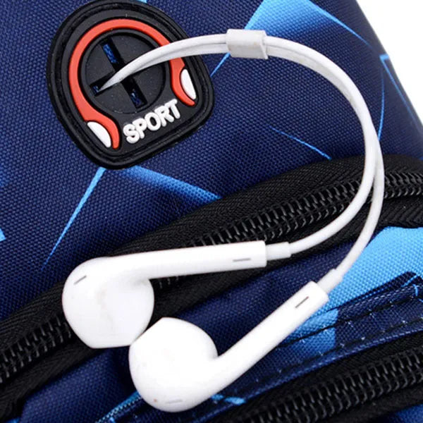 Men's Oxford cloth crossbody chest bag with earphone hole, showing zipper closure and vertical messenger style