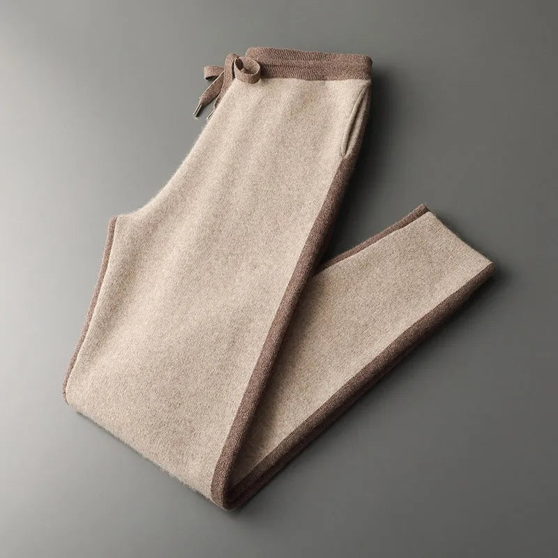 Men's camel coloured cashmere blend half turtleneck zip cardigan and trousers suit set