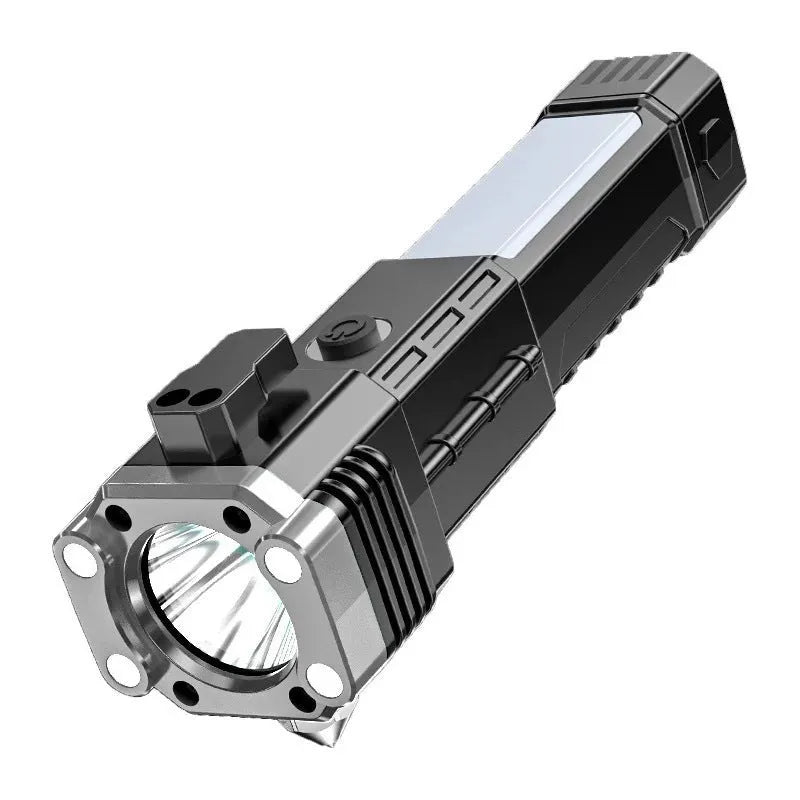 Silver plastic LED flashlight with integrated power bank, shown with USB charging cable.