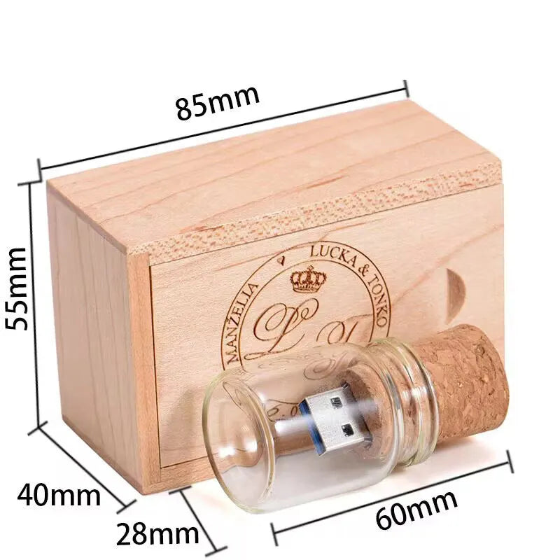 Clear glass bottle USB flash drive with wooden cap showing internal component