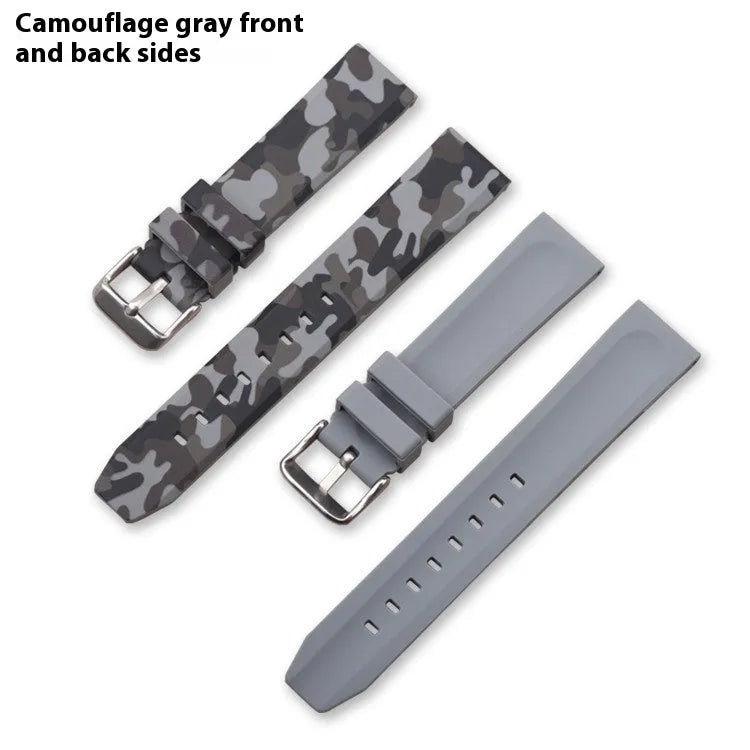 Camouflage silicone watch strap in green, blue and grey patterns for 20mm, 22mm and 24mm watch lugs