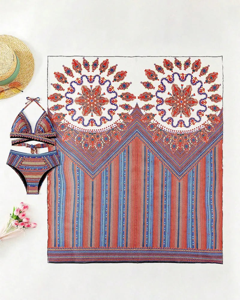 Women's three-piece swimsuit set showing high-waist briefs, cutout sleeveless top, and matching coat in coordinating colours