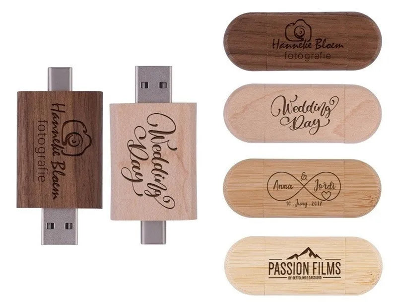 Custom engraved maple wood USB flash drive with Type-C connector for mobile phones on a wooden box.