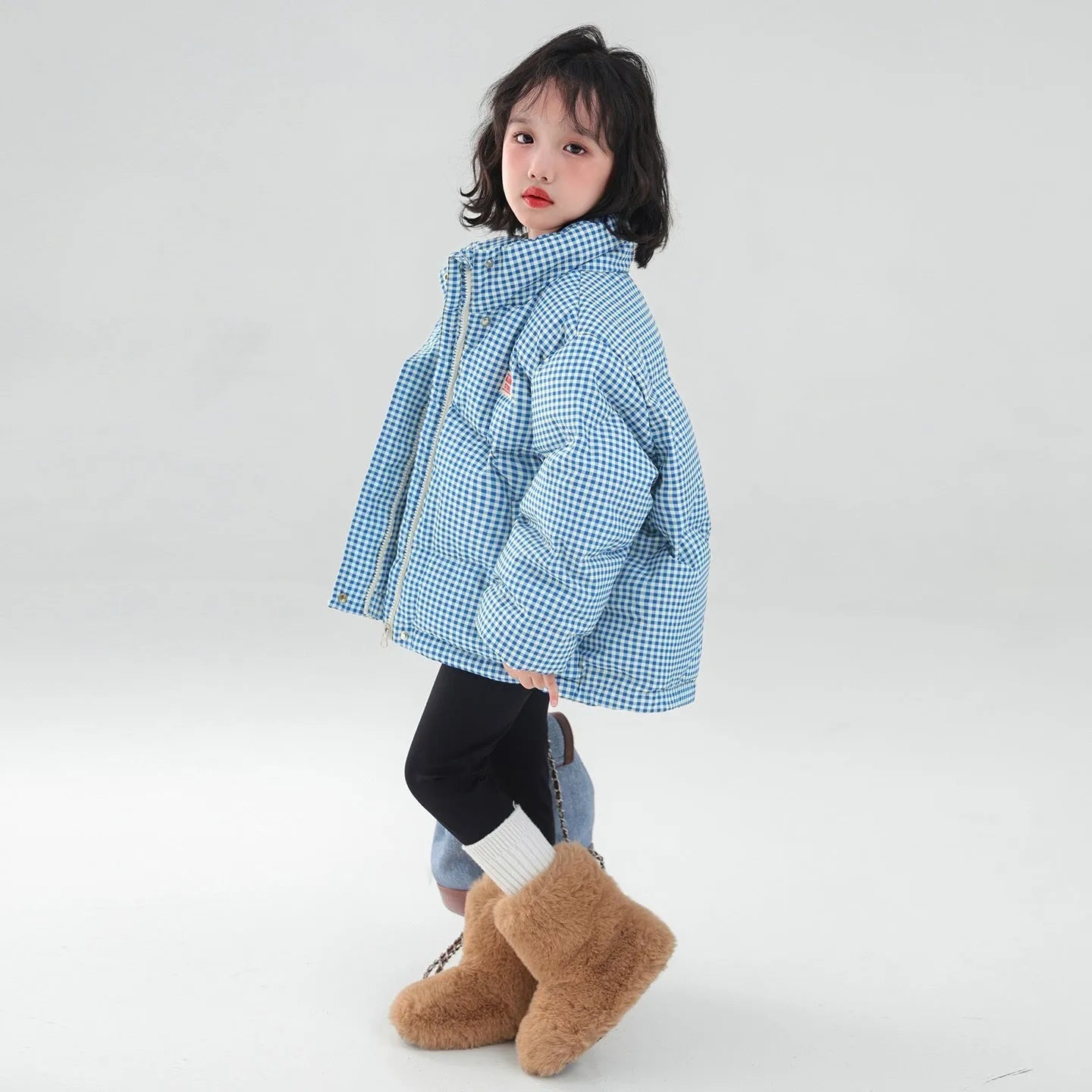 Blue solid pattern hooded cotton coat jacket with zipper closure on child suitable for heights 120-170cm