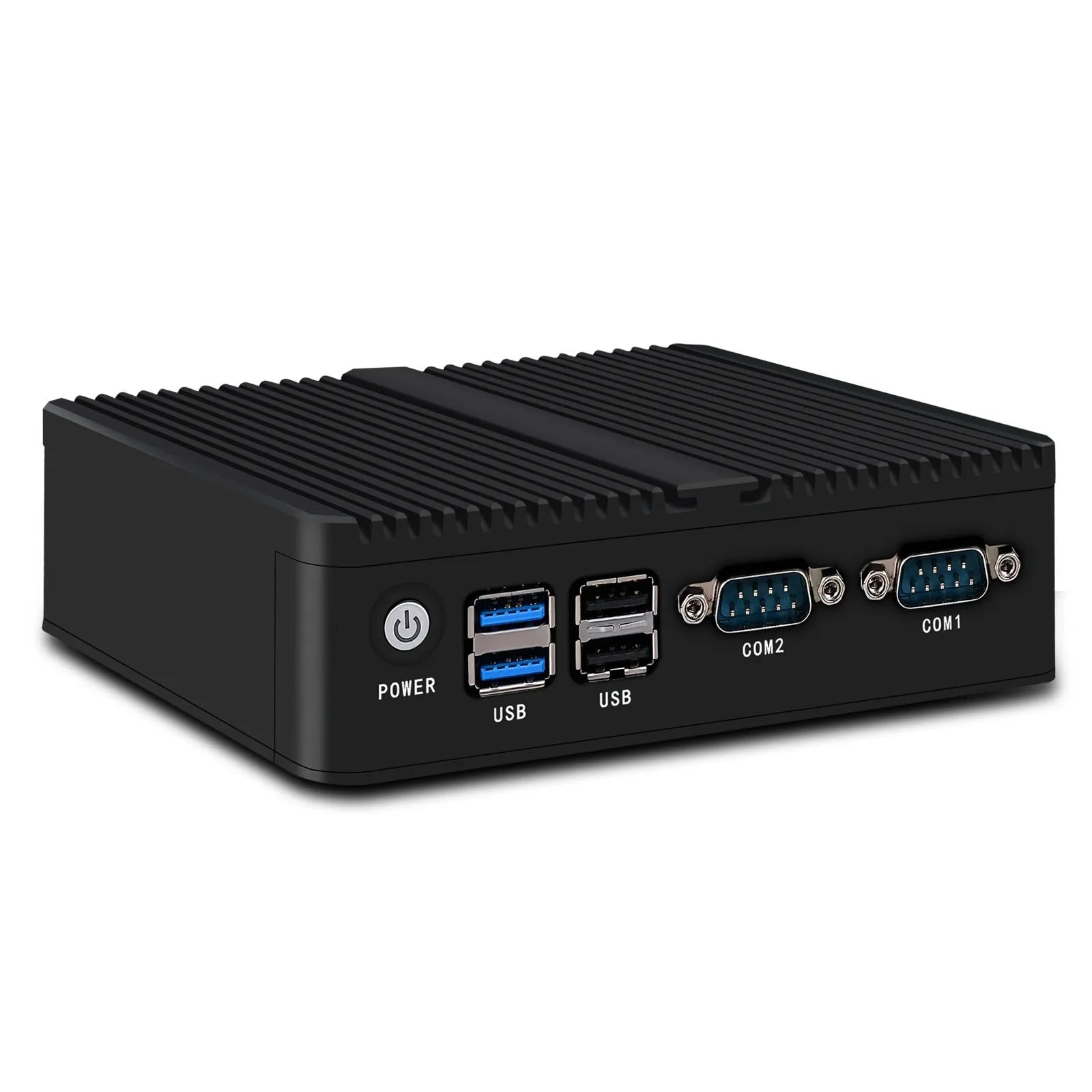 Industrial fanless mini PC with dual Ethernet ports and compact metal chassis