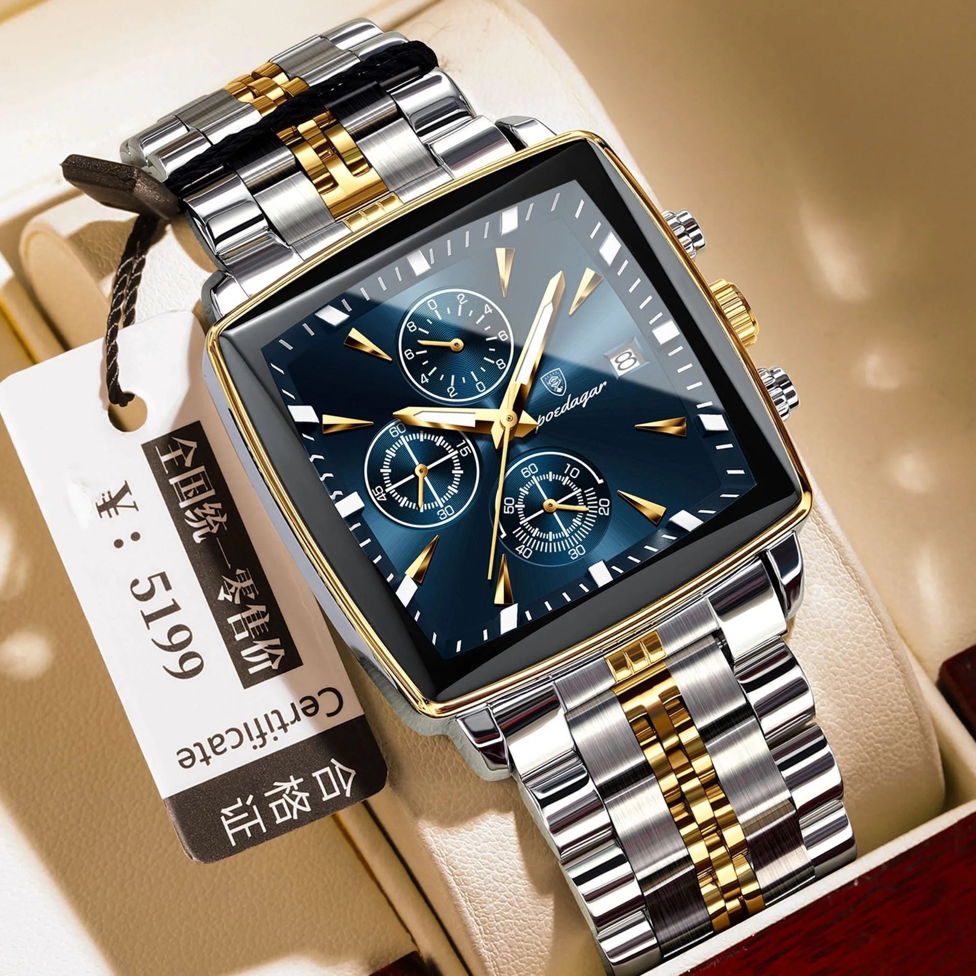 Men's square business watch with stainless steel strap and butterfly clasp in various colour options.