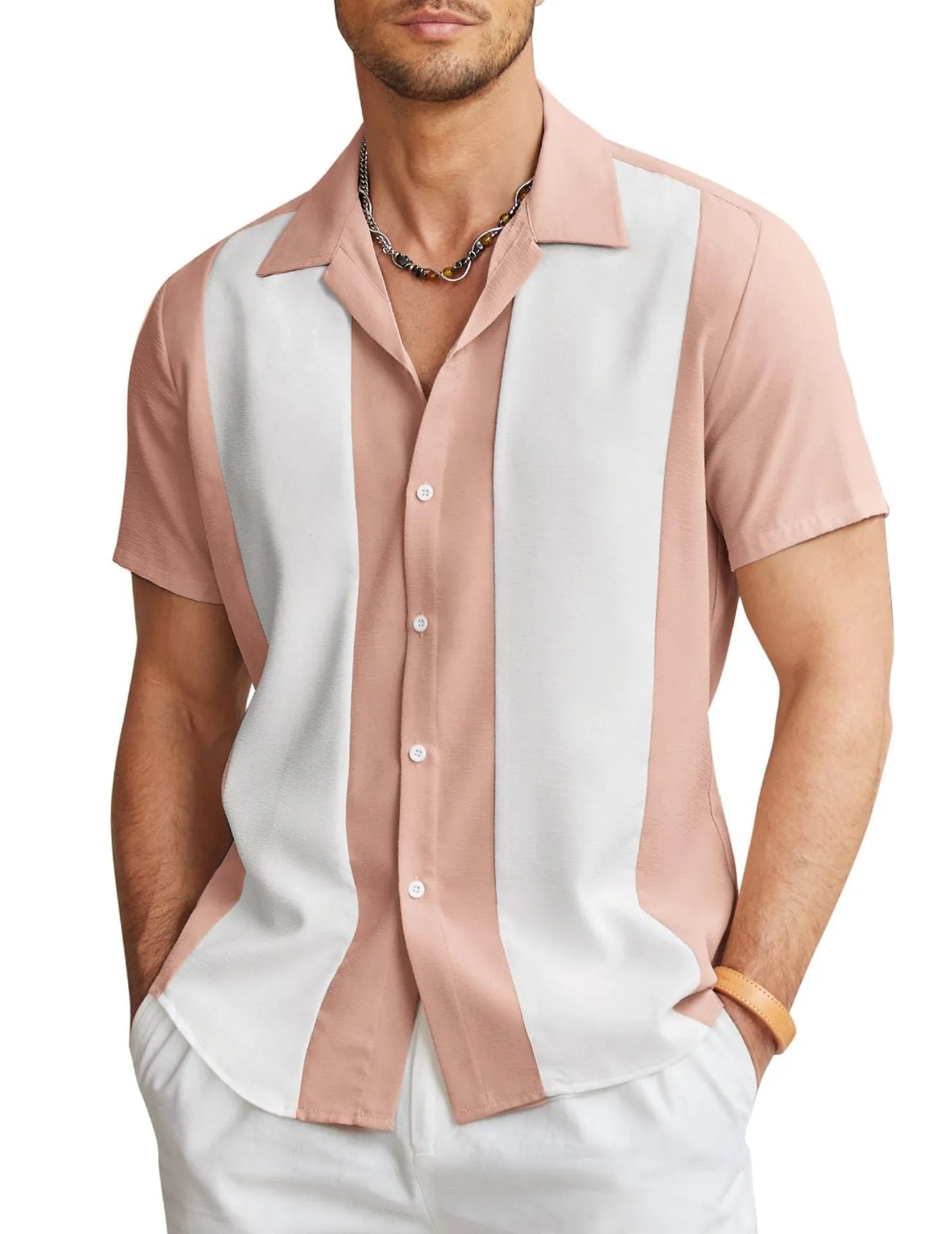 Men's slim fit Hawaiian shirt with short sleeves and digital printed pattern in cardigan style