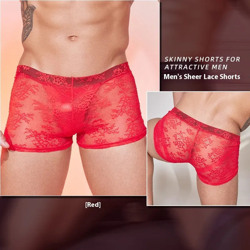 Nylon men's boxers with lace detailing in black, red, and white colour options.