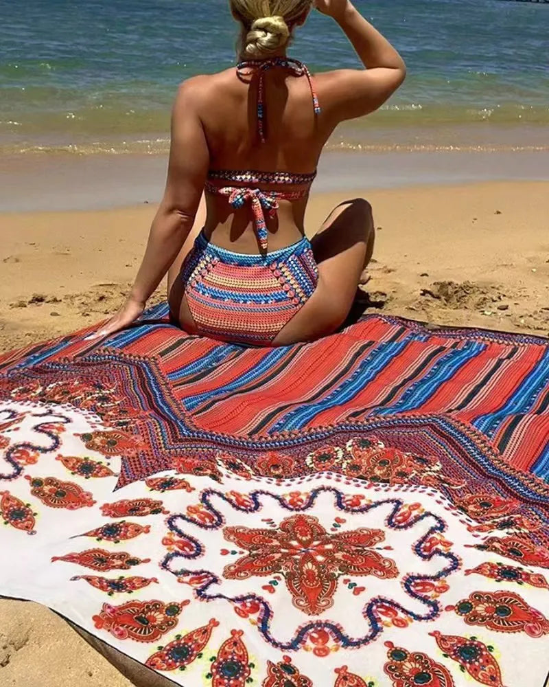 Women's three-piece swimsuit set showing high-waist briefs, cutout sleeveless top, and matching coat in coordinating colours