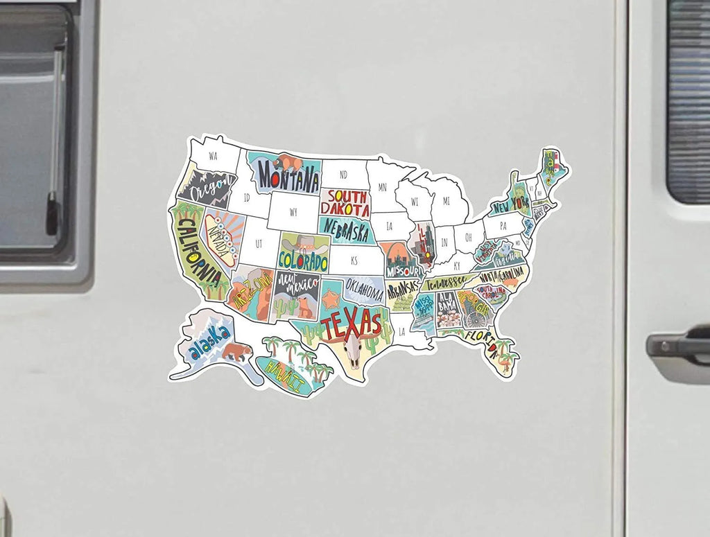 Travel themed car sticker sheet showing world map design with lettering graphics