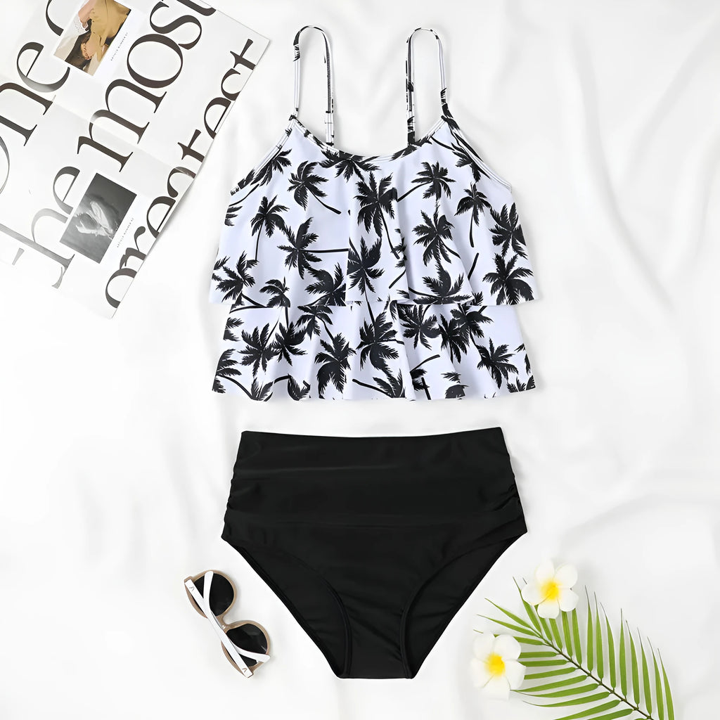 Women's black high-waist double-layer swimsuit with tropical coconut tree print and adjustable back tie.