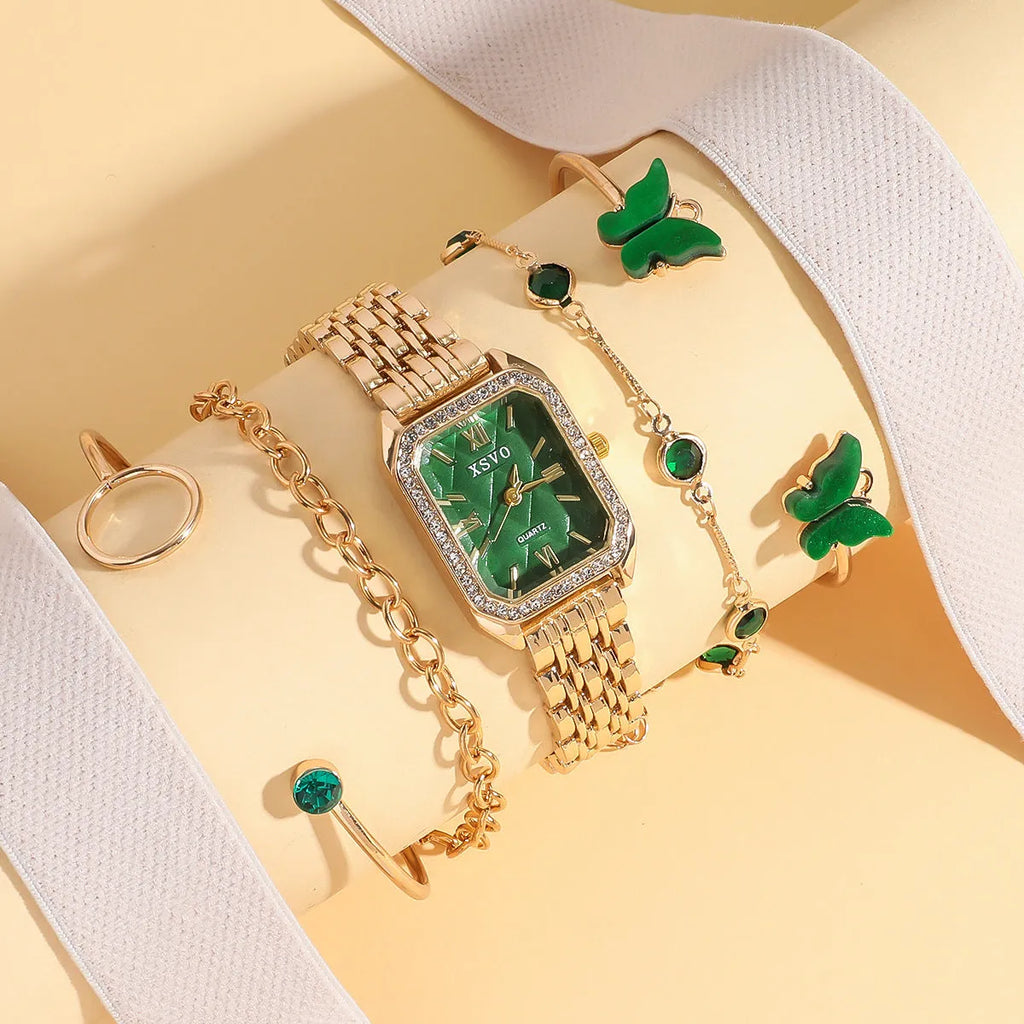 Gold green square steel women's watch with four matching alloy bracelets