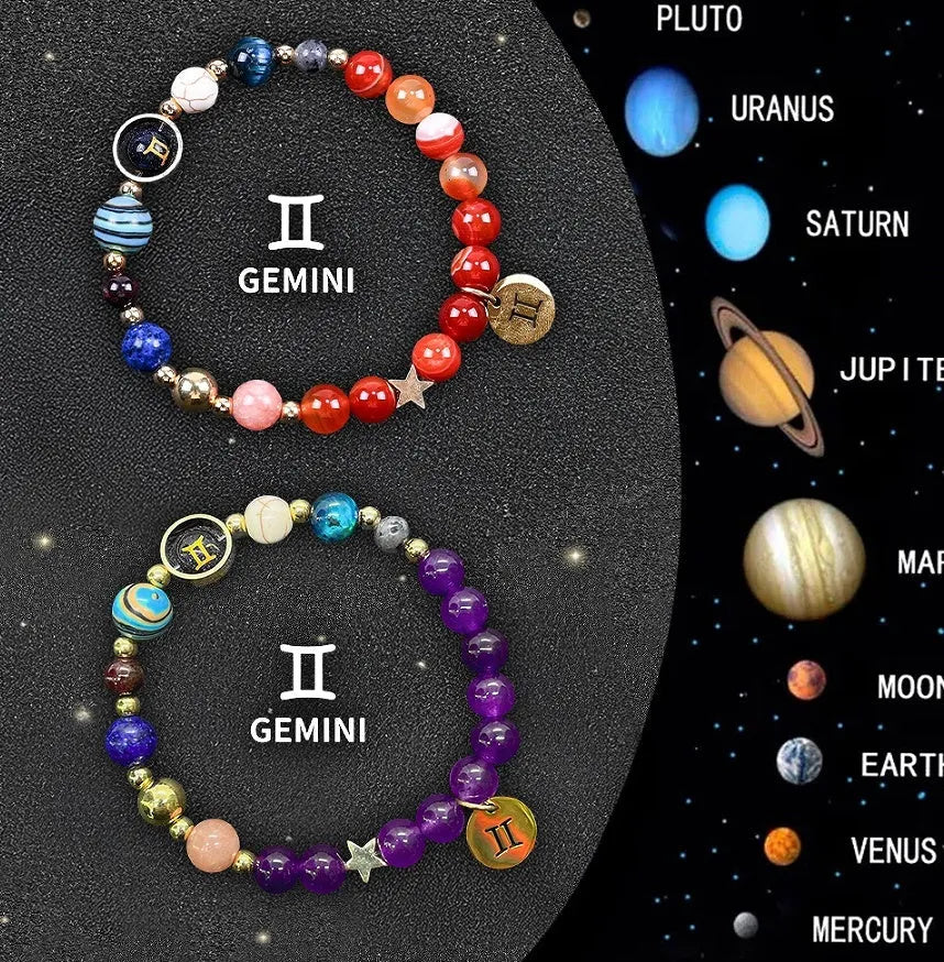 Set of two natural stone beaded bracelets on a wrist, each with different beads representing zodiac signs.
