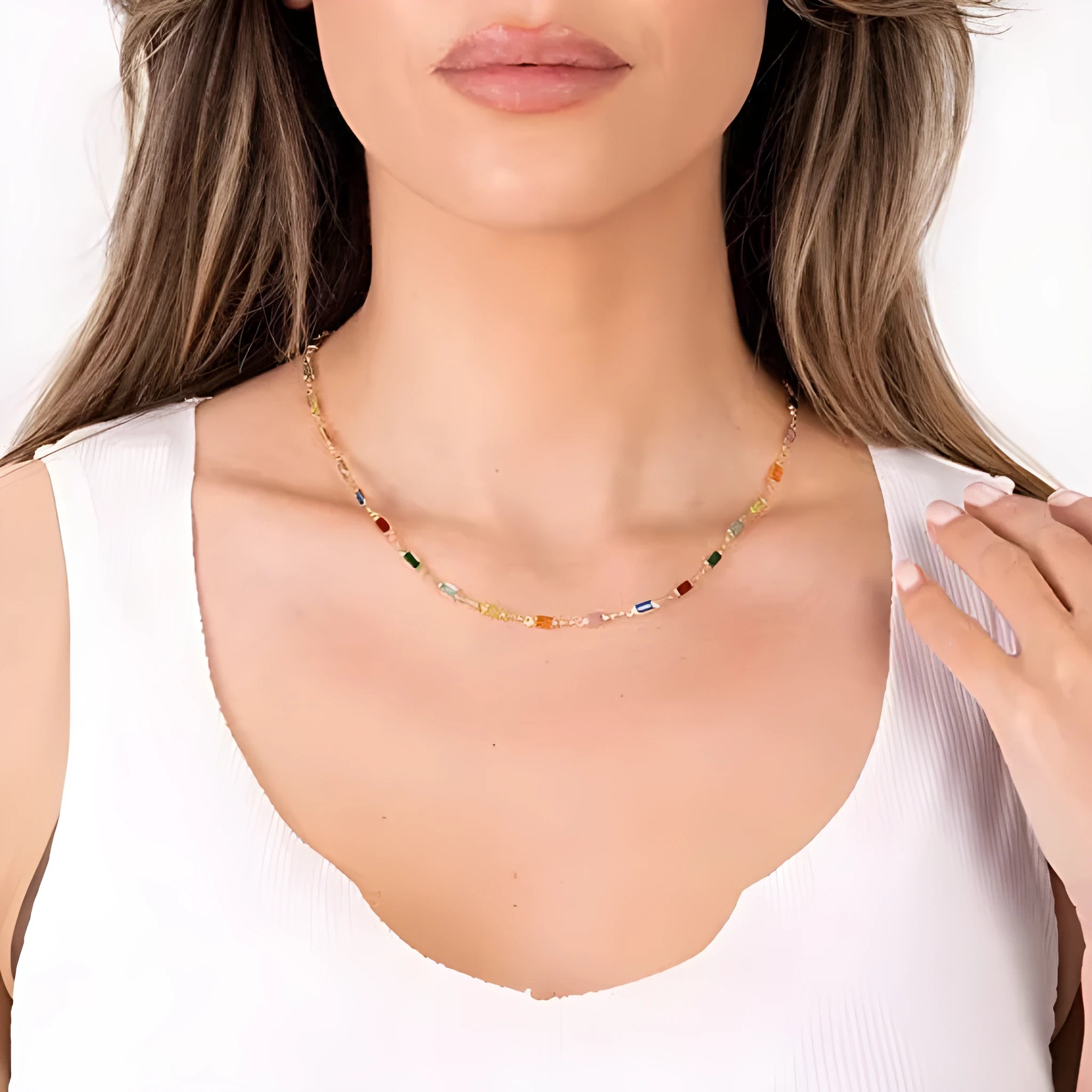 Geometric glass pendant necklace for women on an adjustable alloy chain, cold wind style.