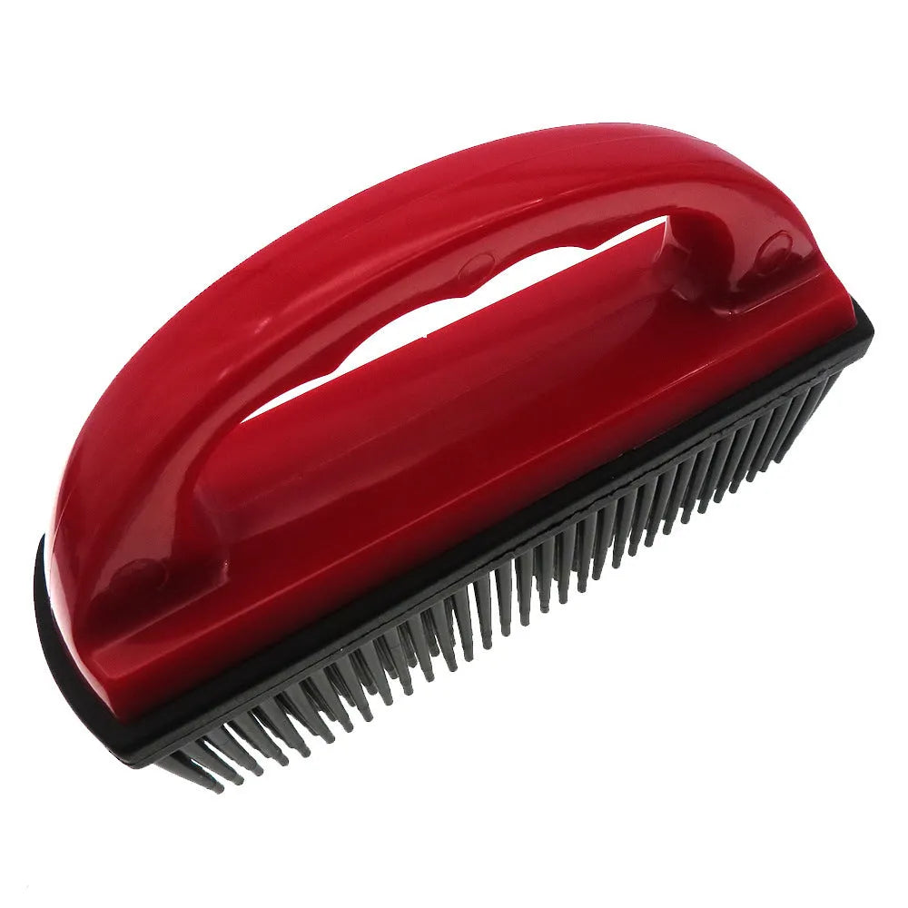 Red silicone pet hair removal brush with massage function for dog grooming and carpet cleaning