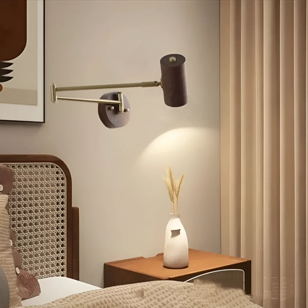 Retro wood and iron wall lamp with long adjustable arm and visible wall switch