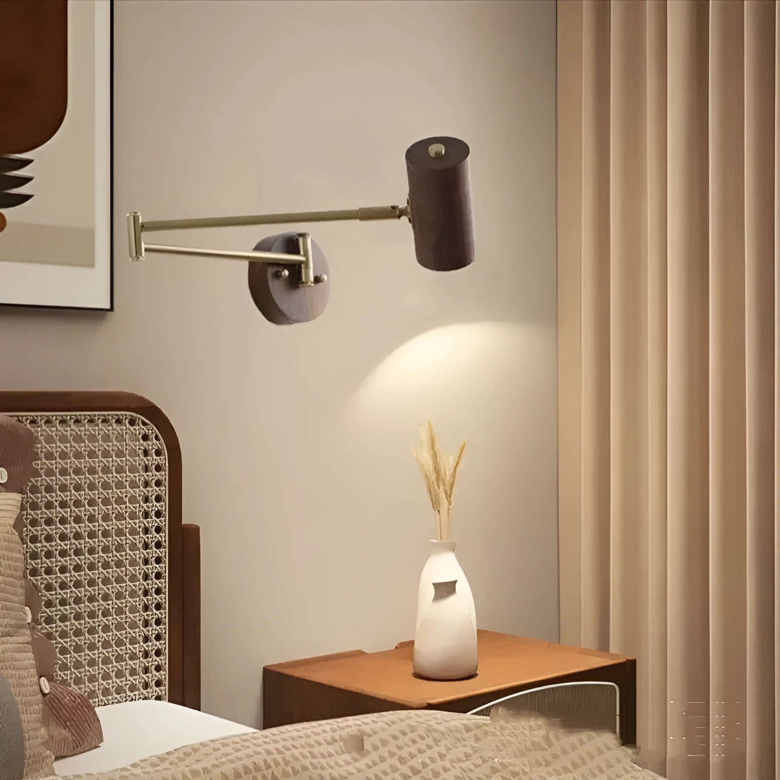 Retro wood and iron wall lamp with long adjustable arm and visible wall switch
