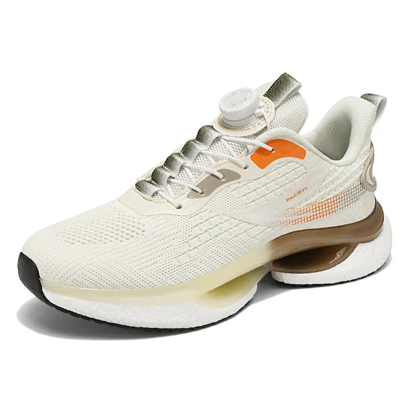 Low-top men's running shoes with buckle closure in solid colours showing Fly-knit mesh upper and TPU soles