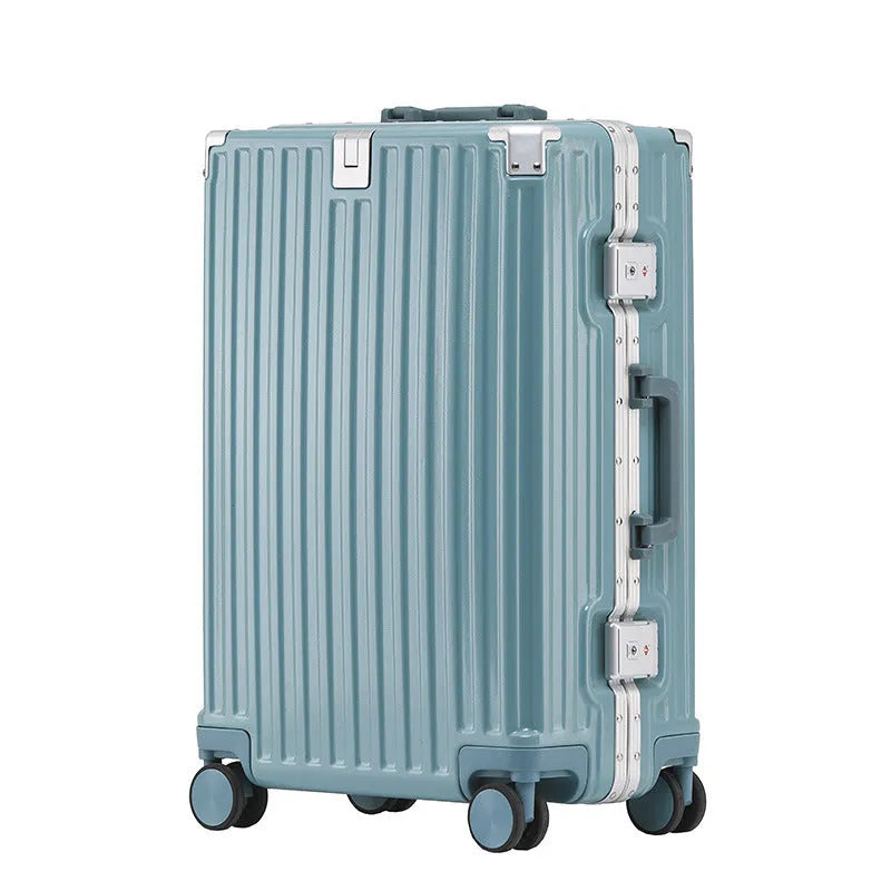 Aluminium frame ABS PC suitcase in avocado green colour with USB port and universal wheels.