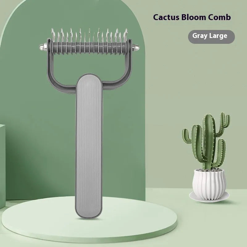 Green and grey dog grooming comb with plastic handle and stainless steel teeth for unknotting