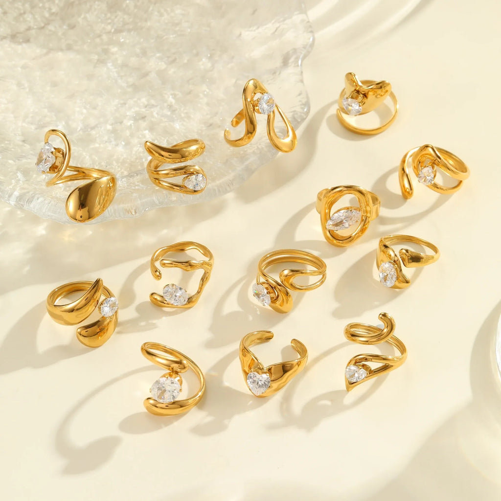 Geometric open mouth zircon ring in stainless steel with adjustable design and multiple colour options