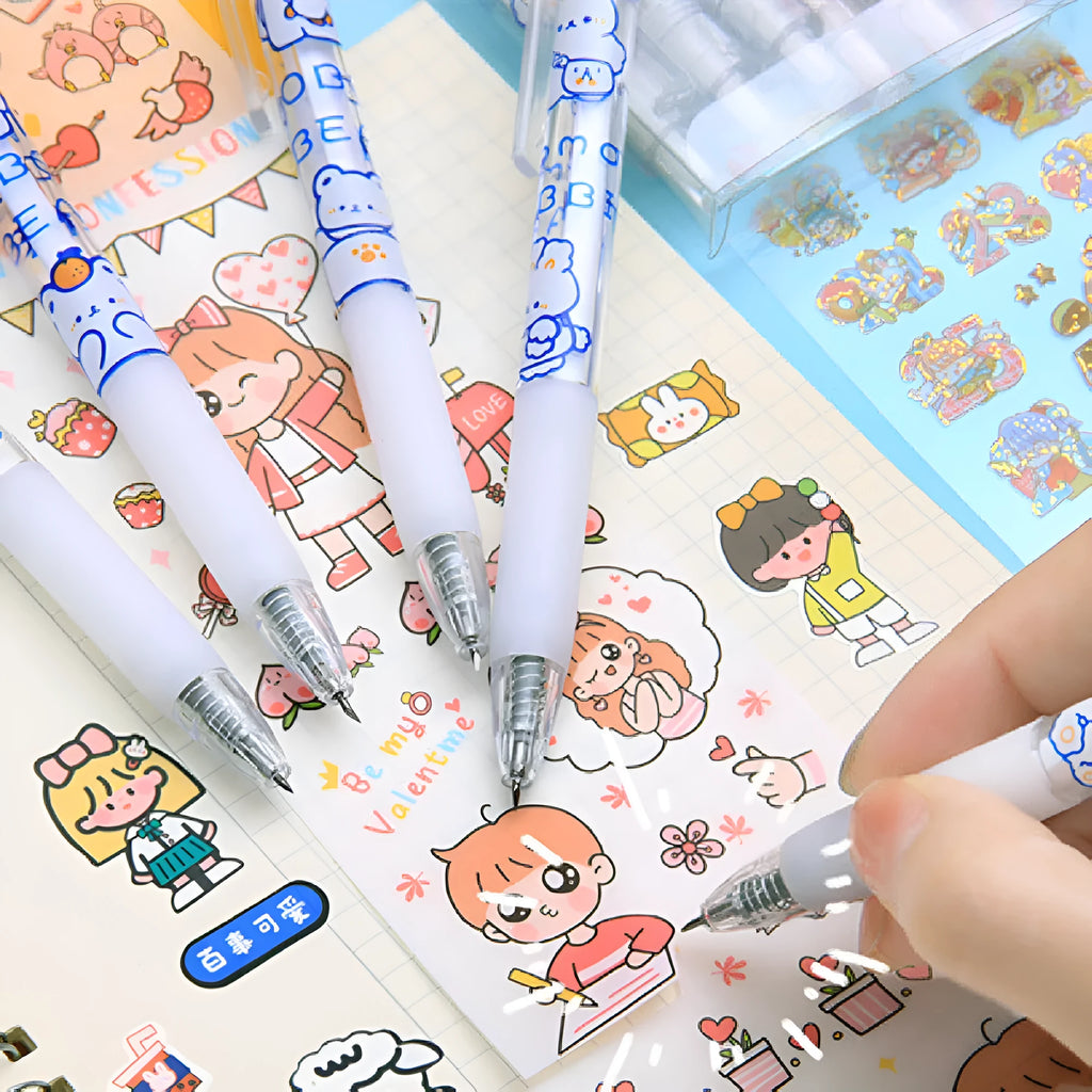 Set of six animal-themed press pen knives with bear and rabbit designs
