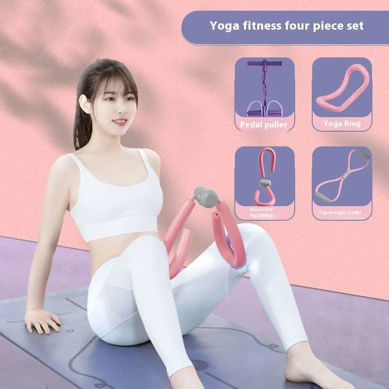 Yoga four piece set showing leg stretcher, yoga ring, pedal device, and tension rope
