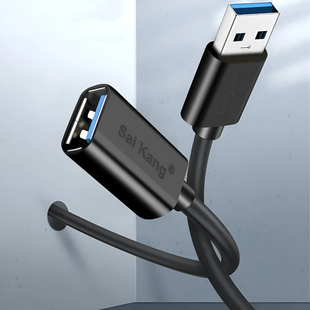 Black USB male to female extension cable showing connector details, available in multiple lengths.