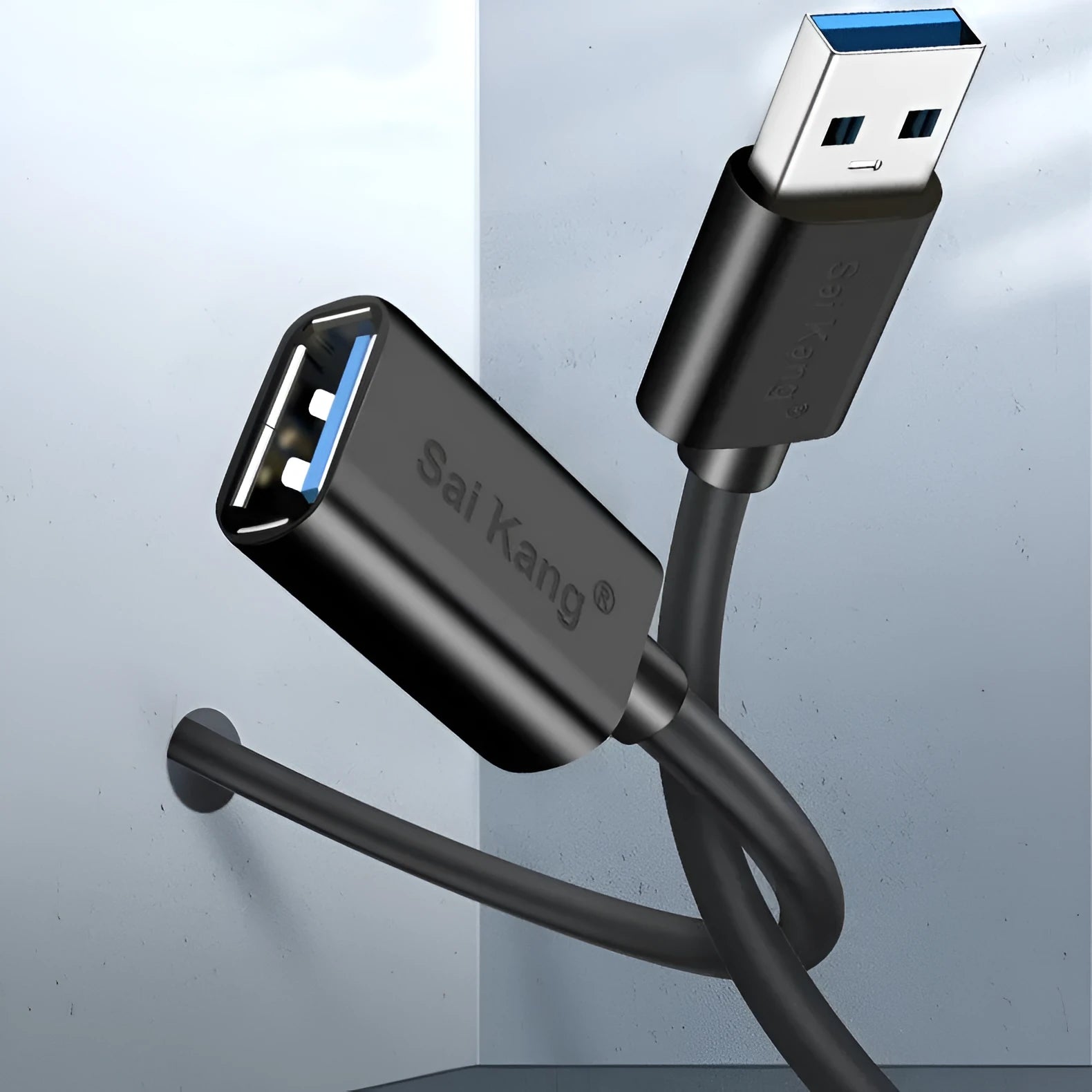 Black USB male to female extension cable showing connector details, available in multiple lengths.