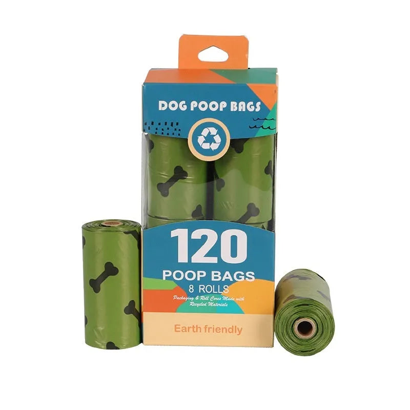 Military green degradable dog poop bags with black bone print, measuring 23 by 33 centimetres