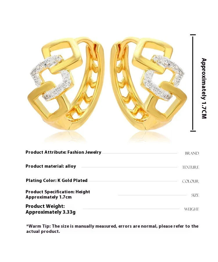 Gold geometric hollow-out clip-on earrings with colour separation electroplated finish