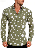 Long-sleeved polka dot shirt in military green with white dots, fitted cut for men