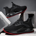 Men's black mesh running shoes with platform sole and round toe design on white background