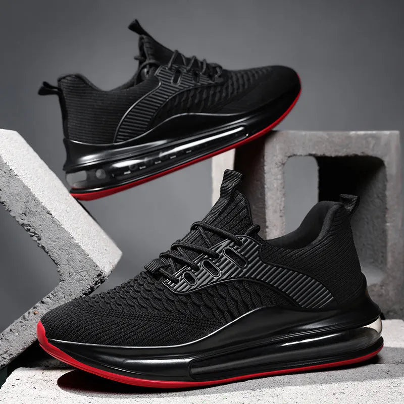 Men's black mesh running shoes with platform sole and round toe design on white background