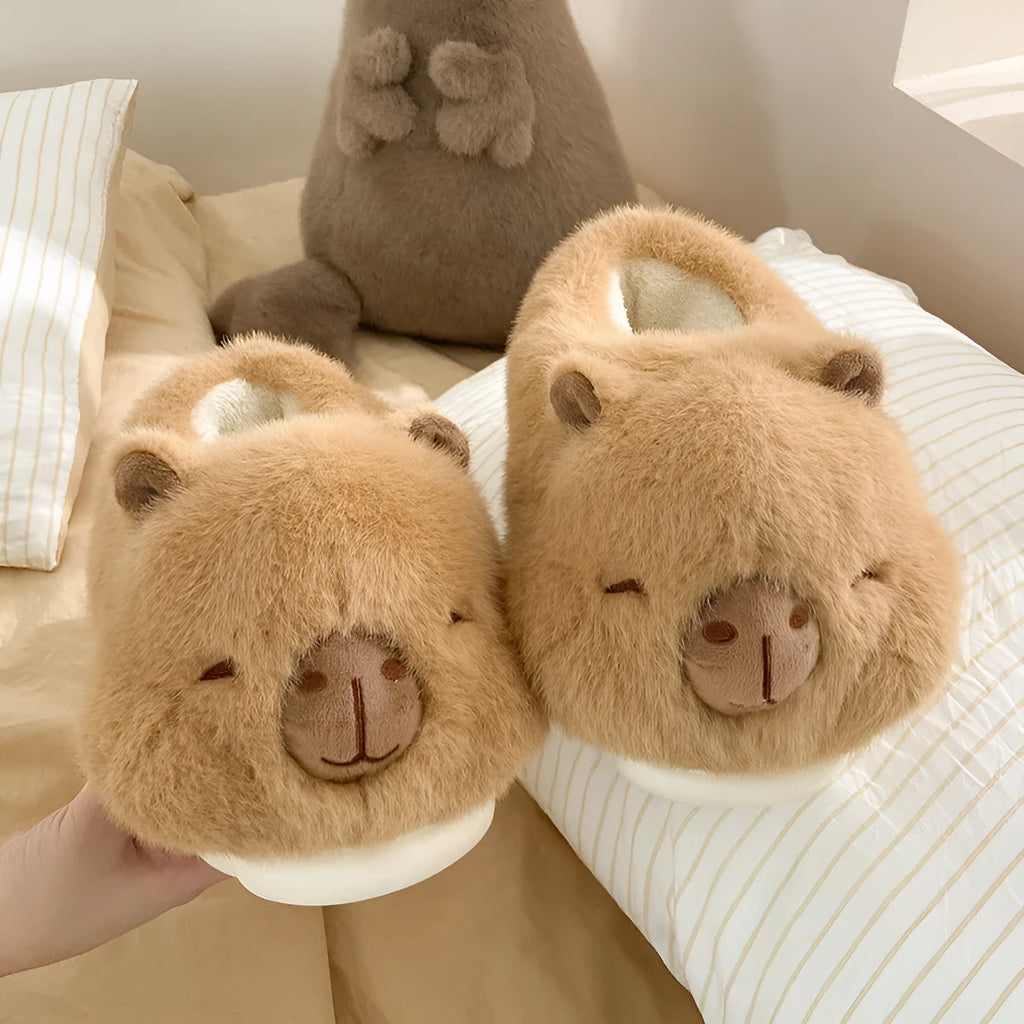 Light brown cartoon pattern women's winter slippers with plush cotton upper and artificial wool lining