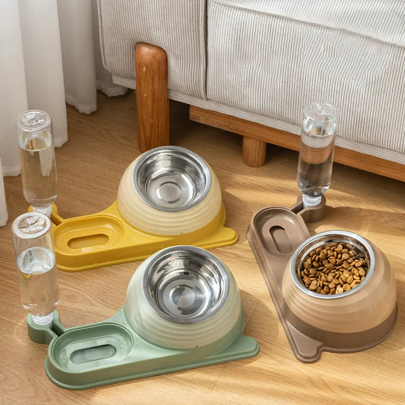 Brown elevated cat food bowl with integrated water dispenser bottle for automatic feeding